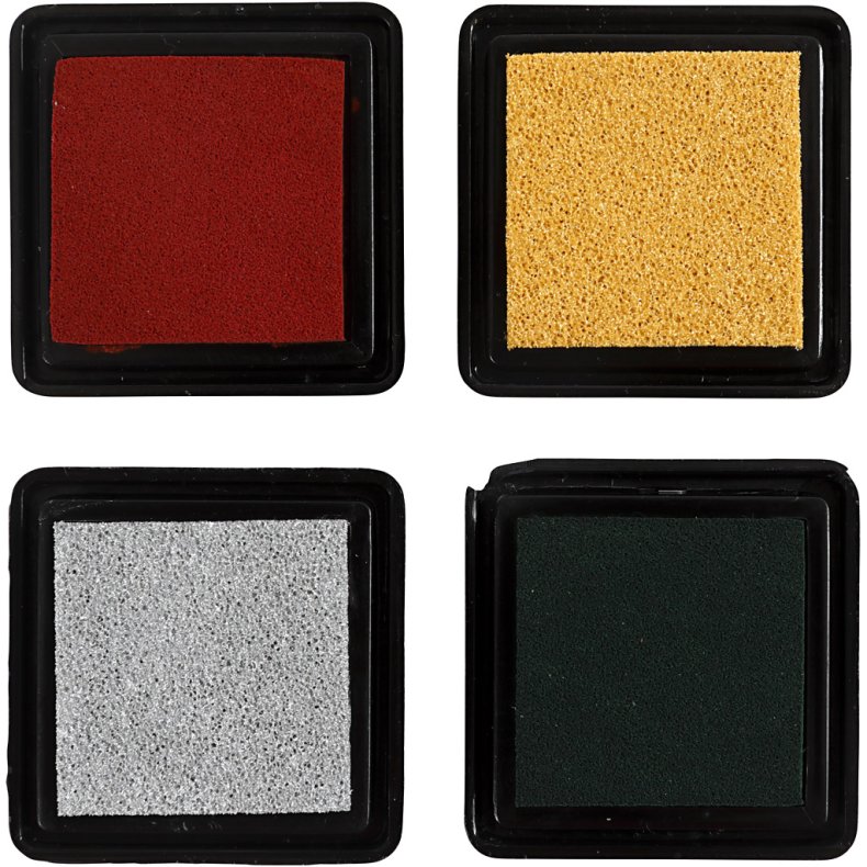 Stempelpude, H: 2 cm, str. 3,5x3,5 cm, guld, l&oslash;vgr&oslash;n, juler&oslash;d, s&oslash;lv, 4 stk./ 1 pk.