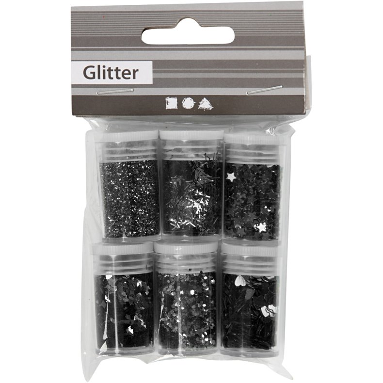 Glitter og Pailletter, sort, 6x5 g/ 1 pk.
