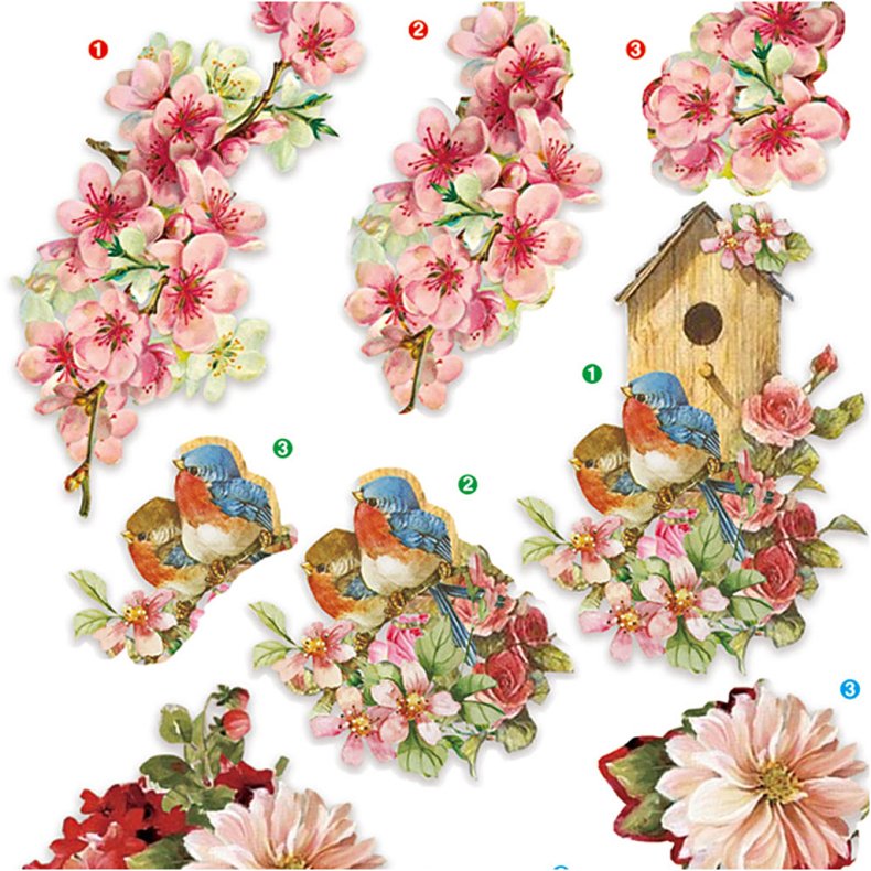 3D Motiver, blomster og fugle, ark 21x30 cm, 4 ark/ 1 pk.