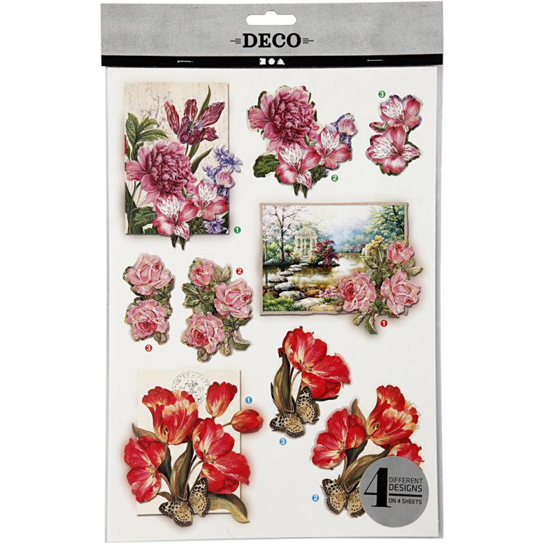3D Motiver, blomster og sommerfugle, ark 21x30 cm, 4 ark/ 1 pk.