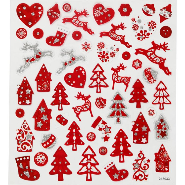 Stickers, jul, ark 15x16,5 cm, r&oslash;d, hvid, 1 ark