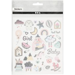 Stickers, baby girl, ark 15x16,5 cm, ca. 30 stk., 1 ark