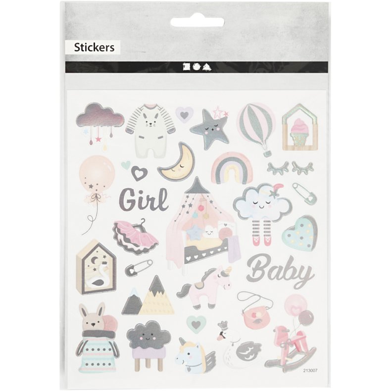 Stickers, baby girl, ark 15x16,5 cm, ca. 30 stk., 1 ark