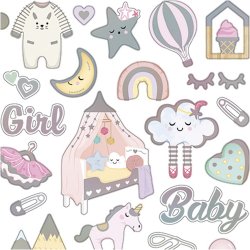 Stickers, baby girl, ark 15x16,5 cm, ca. 30 stk., 1 ark