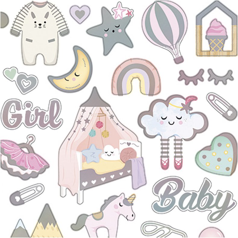 Stickers, baby girl, ark 15x16,5 cm, ca. 30 stk., 1 ark