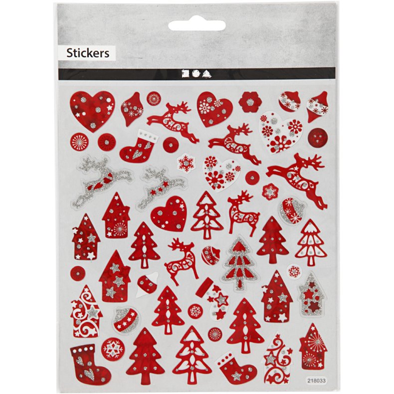 Stickers, r&oslash;d/hvid jul, ark 15x16,5 cm, ca. 54 stk., 1 ark