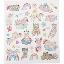 Stickers, unicorn katte, ark 15x16,5 cm, 1 ark