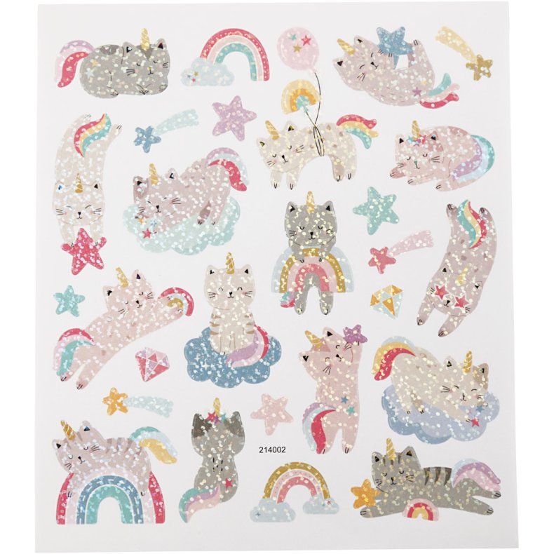 Stickers, unicorn katte, 15x16,5 cm, 1 ark