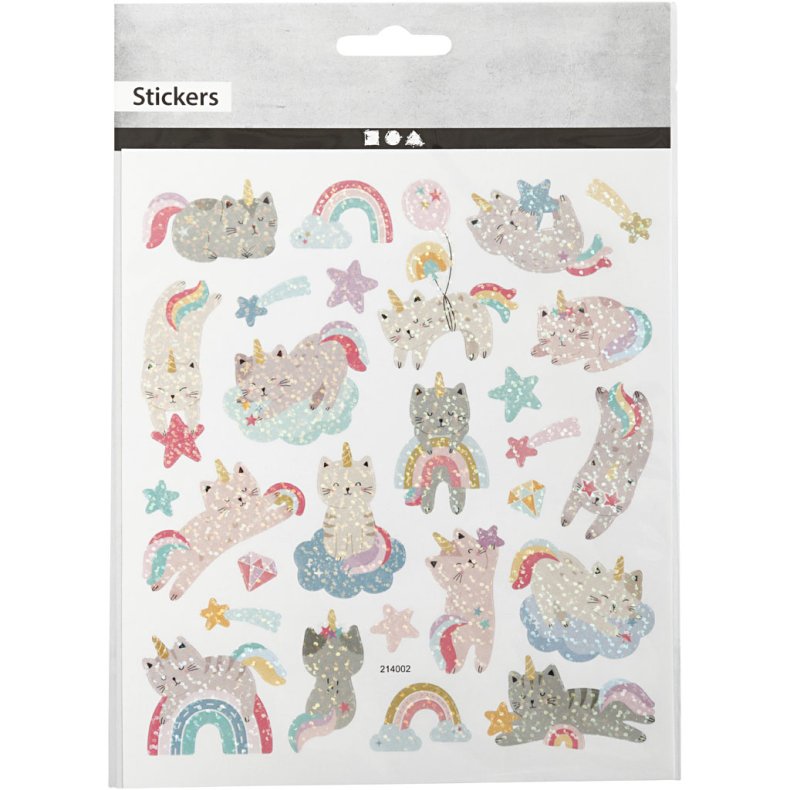 Stickers, unicorn katte, ark 15x16,5 cm, 1 ark