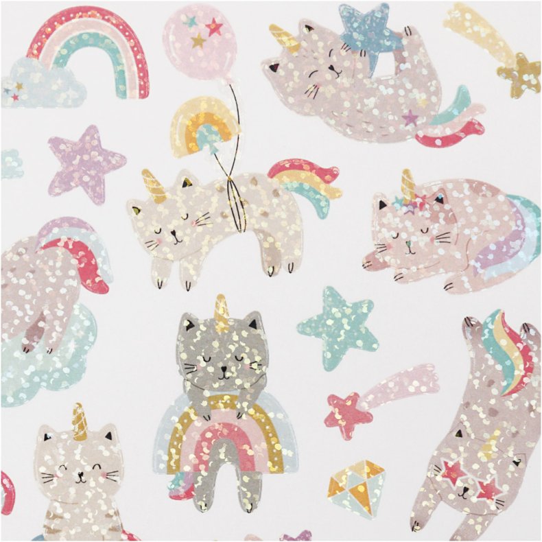 Stickers, unicorn katte, ark 15x16,5 cm, 1 ark