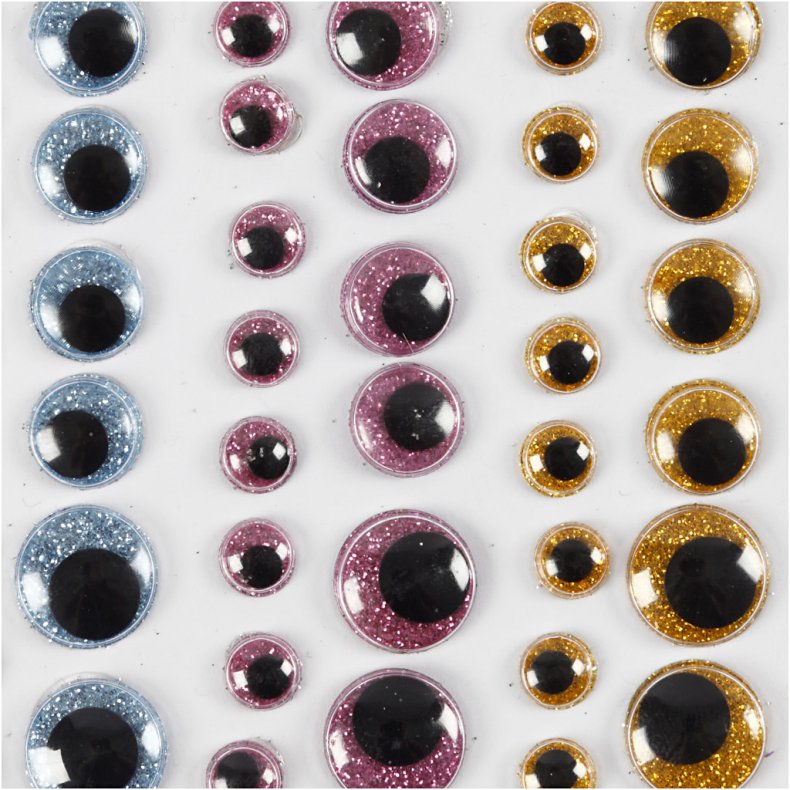 Rulle&oslash;jne, diam. 8+10+12+15 mm, lysebl&aring;, guld, lys r&oslash;d, 54 stk./ 1 ark