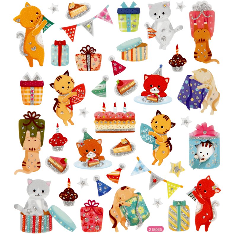 Stickers, kattef&oslash;dselsdag, ark 15x16,5 cm, 1 ark