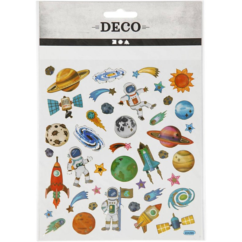 Stickers, rummet, ark 15x16,5 cm, ca. 41 stk., 1 ark