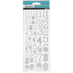 Glitterstickers, tal, ark 10x24 cm, s&oslash;lv, 2 ark/ 1 pk.