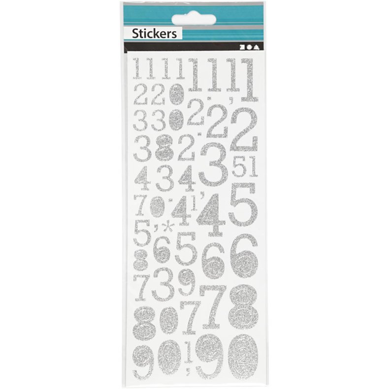 Glitterstickers, tal, ark 10x24 cm, s&oslash;lv, 2 ark/ 1 pk.