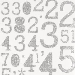 Glitterstickers, tal, ark 10x24 cm, s&oslash;lv, 2 ark/ 1 pk.