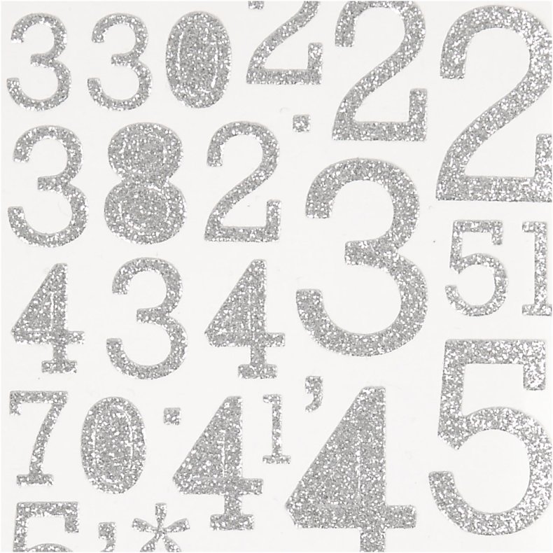 Glitterstickers, tal, ark 10x24 cm, s&oslash;lv, 2 ark/ 1 pk.