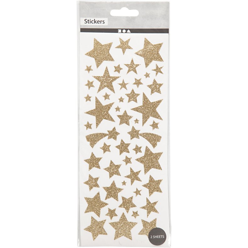 Glitterstickers, stjerner, ark 10x24 cm, ca. 110 stk., guld, 2 ark/ 1 pk.
