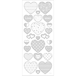 Stickers, hjerter, ark 10x24 cm, ca. 25 stk., s&oslash;lv, 1 ark