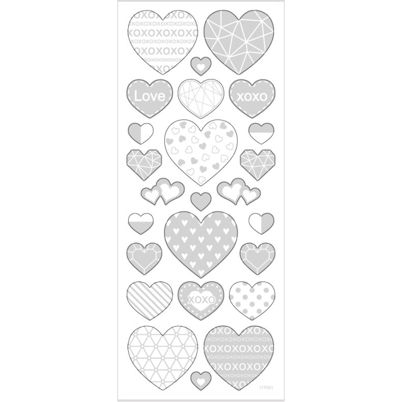 Stickers, hjerter, ark 10x24 cm, ca. 25 stk., s&oslash;lv, 1 ark