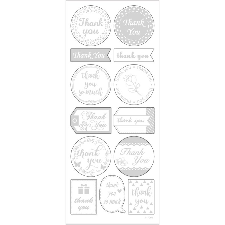 Stickers, thank you, ark 10x24 cm, ca. 13 stk., s&oslash;lv, 1 ark