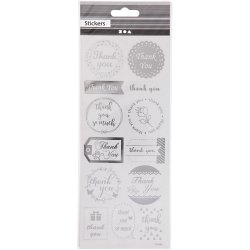 Stickers, thank you, ark 10x24 cm, ca. 13 stk., s&oslash;lv, 1 ark