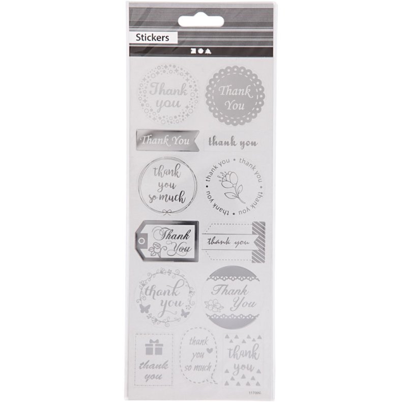 Stickers, thank you, ark 10x24 cm, ca. 13 stk., s&oslash;lv, 1 ark
