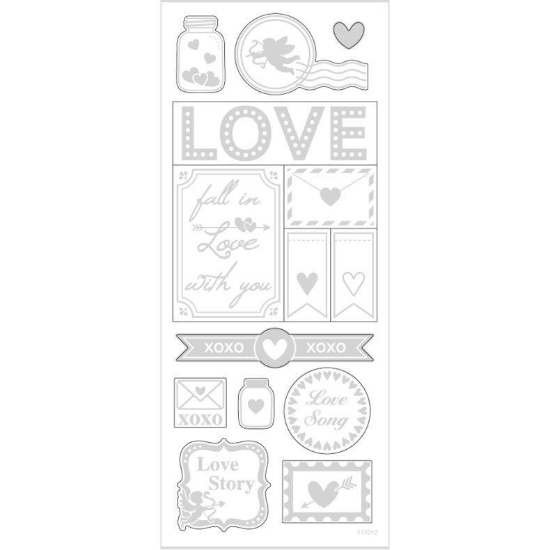 Stickers, love, ark 10x24 cm, ca. 14 stk., s&oslash;lv, 1 ark