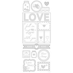 Stickers, love, ark 10x24 cm, ca. 14 stk., s&oslash;lv, 1 ark