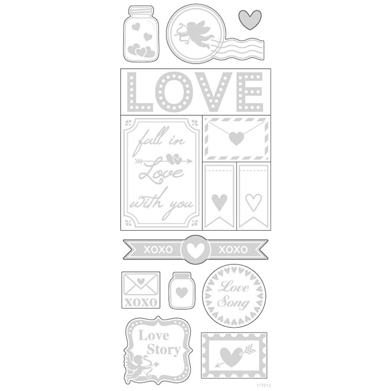 Stickers, love, ark 10x24 cm, ca. 14 stk., s&oslash;lv, 1 ark