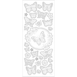 Stickers, sommerfugle, ark 10x24 cm, ca. 28 stk., s&oslash;lv, 1 ark