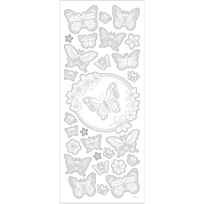 Stickers, sommerfugle, ark 10x24 cm, ca. 28 stk., s&oslash;lv, 1 ark