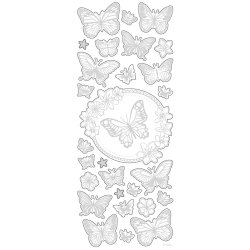 Stickers, sommerfugle, ark 10x24 cm, ca. 28 stk., s&oslash;lv, 1 ark
