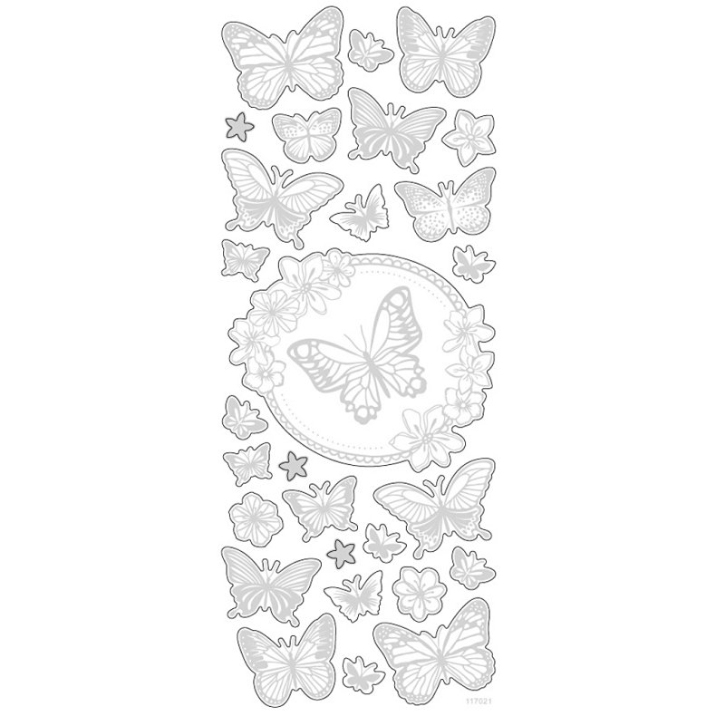 Stickers, sommerfugle, ark 10x24 cm, ca. 28 stk., s&oslash;lv, 1 ark
