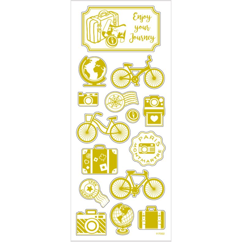 Stickers, jorden rundt, ark 10x24 cm, ca. 15 stk., guld, 1 ark