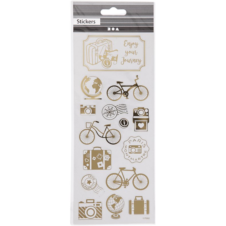 Stickers, jorden rundt, ark 10x24 cm, ca. 15 stk., guld, 1 ark