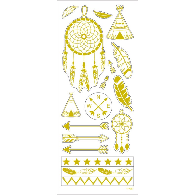 Stickers, indianer, ark 10x24 cm, ca. 17 stk., guld, 1 ark