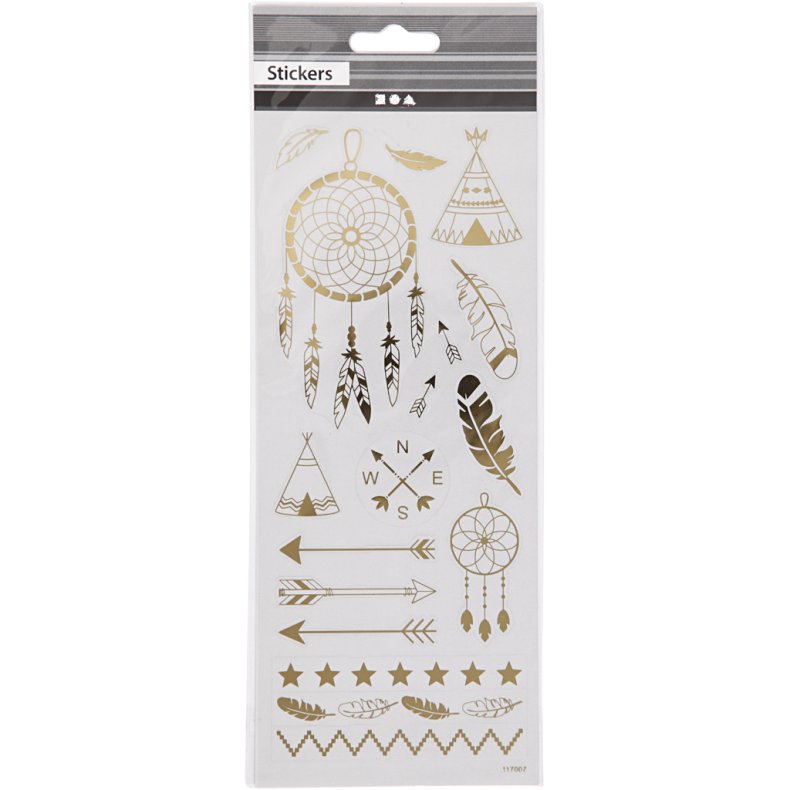 Stickers, indianer, ark 10x24 cm, ca. 17 stk., guld, 1 ark