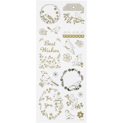 Stickers, fugle, ark 10x24 cm, ca. 17 stk., guld, 1 ark