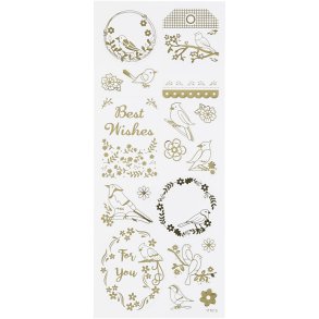 Stickers, fugle, ark 10x24 cm, ca. 17 stk., guld, 1 ark