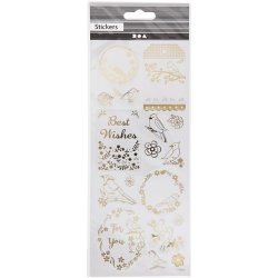 Stickers, fugle, ark 10x24 cm, ca. 17 stk., guld, 1 ark