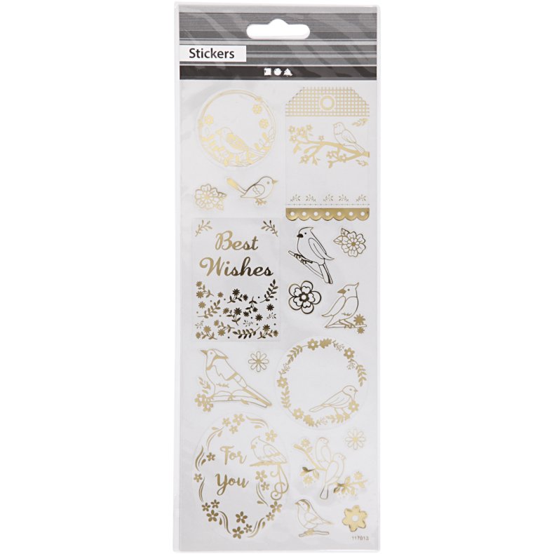 Stickers, fugle, ark 10x24 cm, ca. 17 stk., guld, 1 ark
