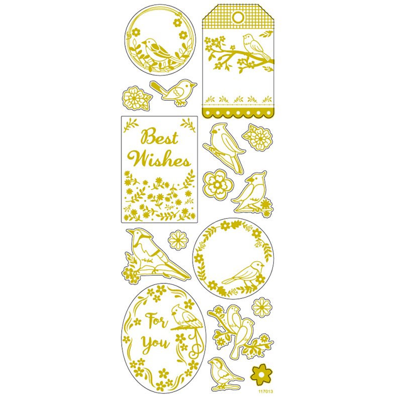 Stickers, fugle, ark 10x24 cm, ca. 17 stk., guld, 1 ark