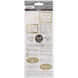 Stickers, thank you, ark 10x24 cm, ca. 19 stk., guld, 1 ark