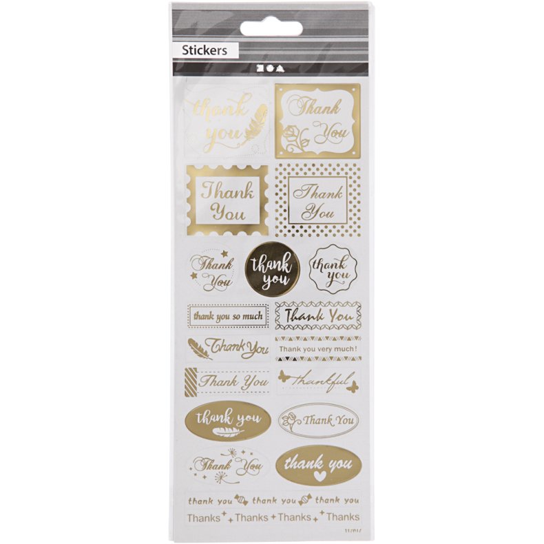 Stickers, thank you, ark 10x24 cm, ca. 19 stk., guld, 1 ark