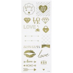 Stickers, love, ark 10x24 cm, ca. 14 stk., guld, 1 ark