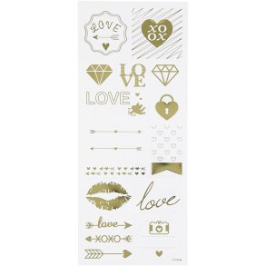 Stickers, love, ark 10x24 cm, ca. 14 stk., guld, 1 ark