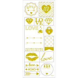 Stickers, love, ark 10x24 cm, ca. 14 stk., guld, 1 ark