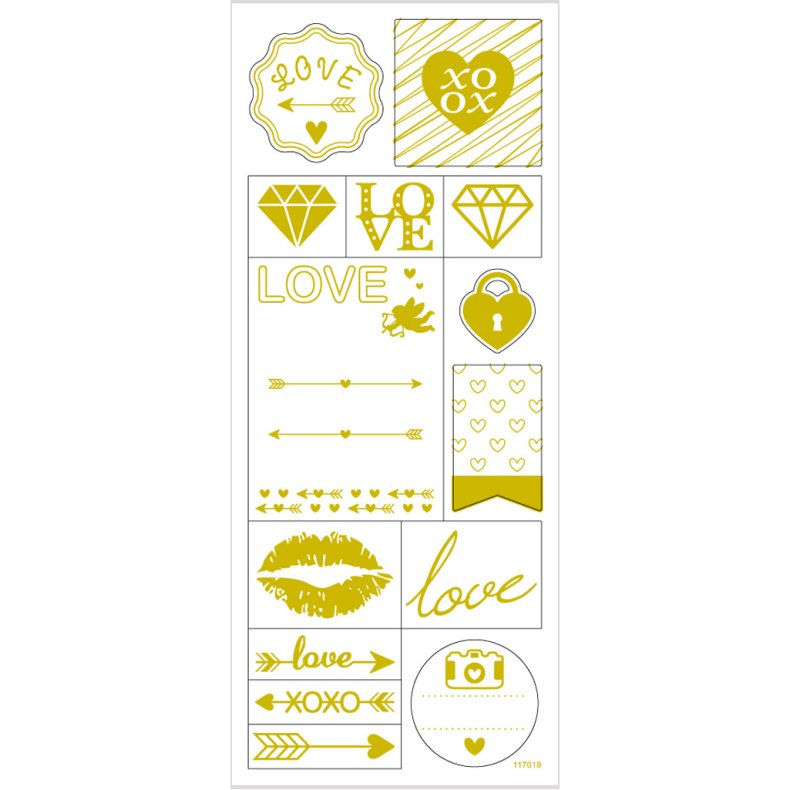 Stickers, love, ark 10x24 cm, ca. 14 stk., guld, 1 ark