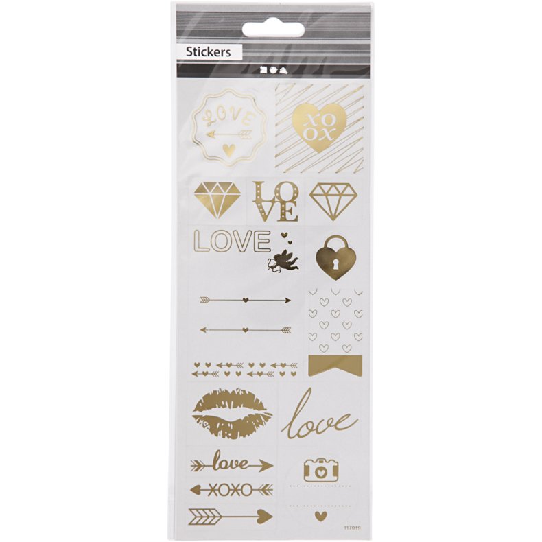 Stickers, love, ark 10x24 cm, ca. 14 stk., guld, 1 ark